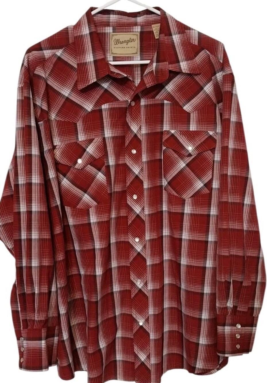 Wrangler Shirt 2XL Mens XXL Western Maroon Red Plaid Cowboy Rodeo Pearl Snaps